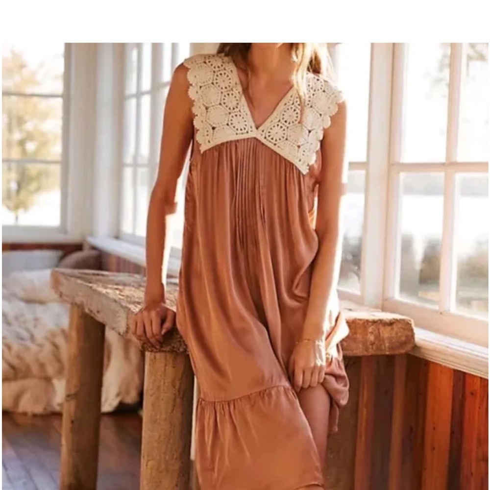 Anthropologie Crochet Yoke Midi Dress in Dusty Rose and Cream